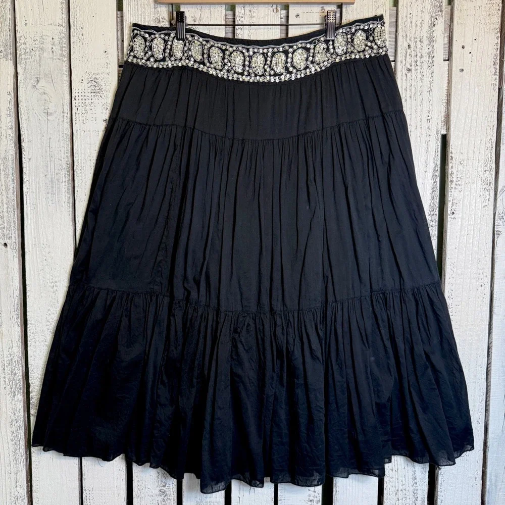 VTG‎ Kaktus Boho Black Midi Broom Skirt size XL Sequin Beaded Hippie Festival